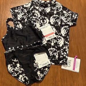 Athleta Girl Camo Tie Dye Mock Neck Rashguard, Bikini Top & Bottom Size 6.